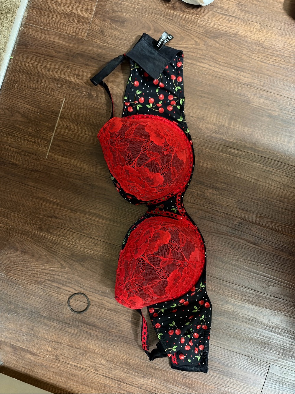 torrid Black Cherry Print Bra with Red Lace Cups